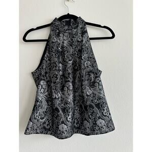 Vintage 90’s Sleeveless Jacquard Black & Metallic Silver Top | High Neck Size 8